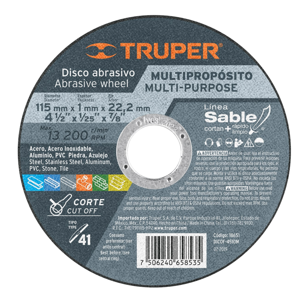 DISCO DE CORTE MULTIPROPOSITO SABLE 4 1/2" TRUPER