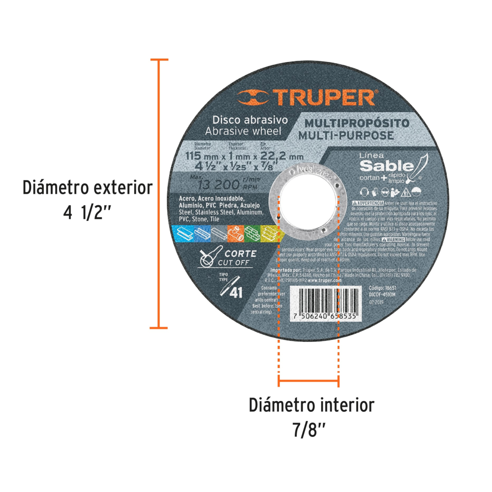 DISCO DE CORTE MULTIPROPOSITO SABLE 4 1/2" TRUPER - Imagen 3