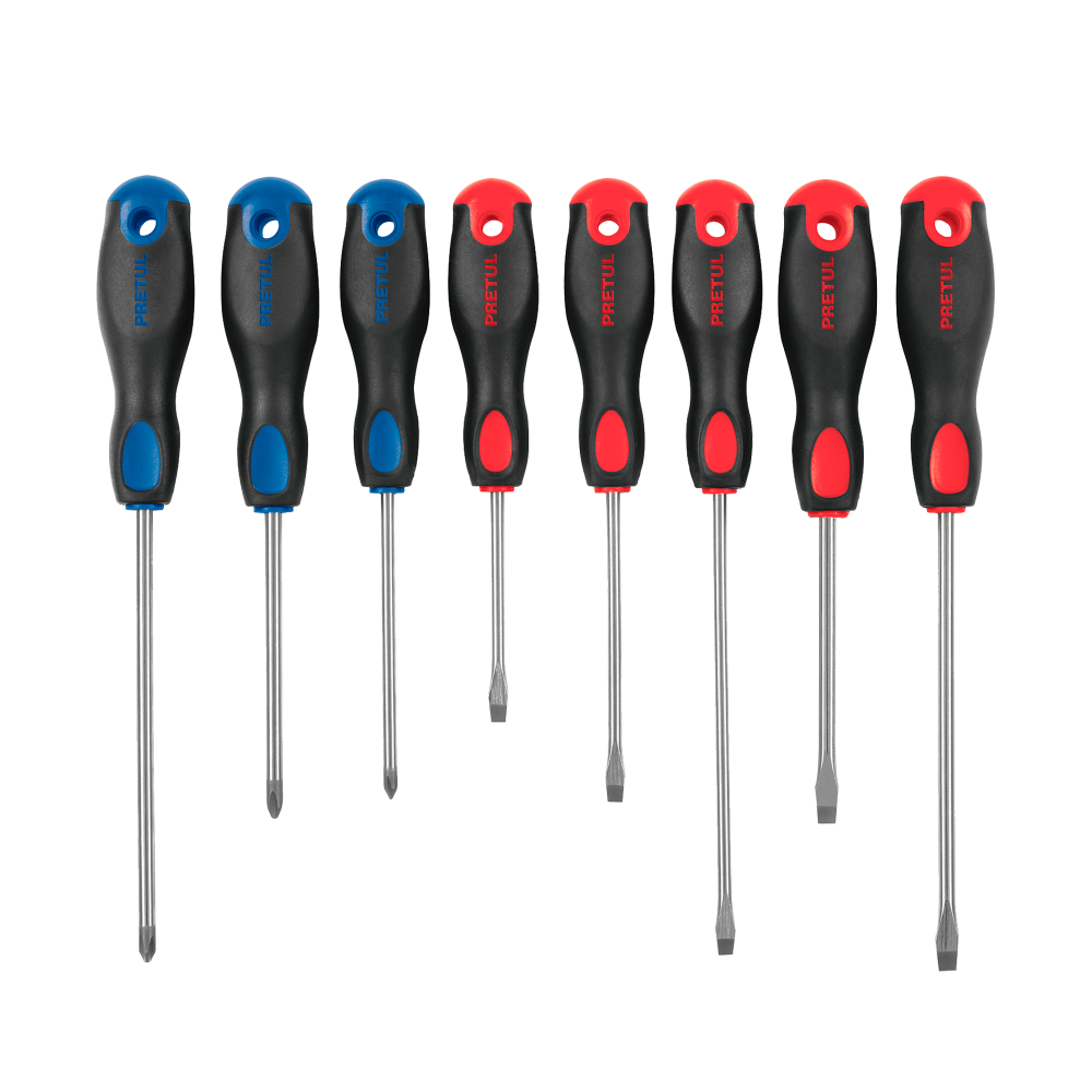 JUEGO DE 8 DESARMADORES MANGO CONFORT, MARCA PRETUL 