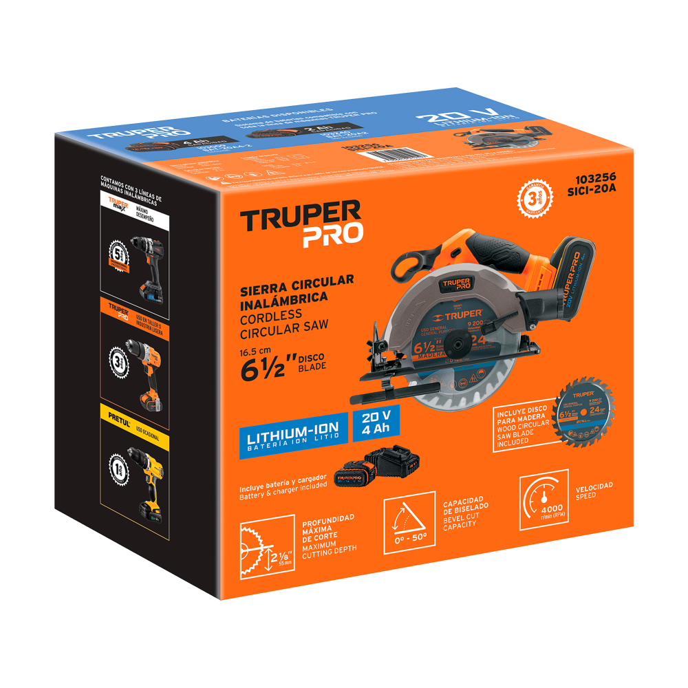 CIERRA CIRCULAR 6 1/2", 20V, 1 BATERIA, TRUPER PRO  - Imagen 2