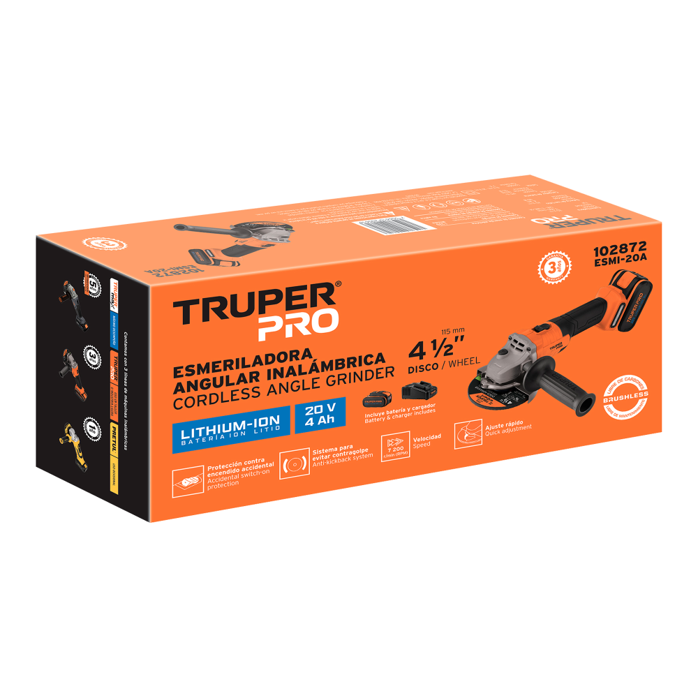 ESMERILADORA DE 4 1/2", 20V, 1 BATERIA TRUPER PRO  - Imagen 2