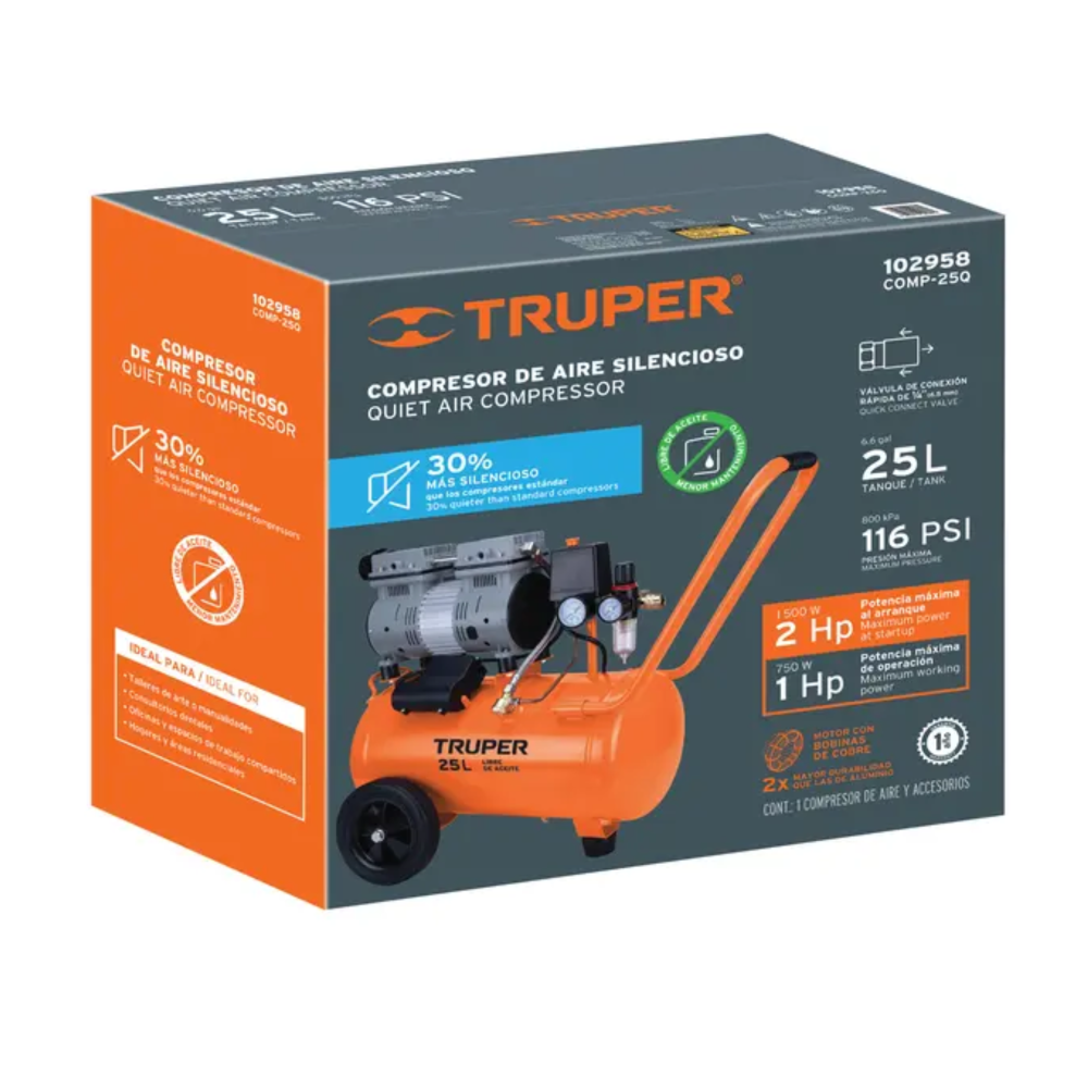 COMPRESOR DE AIRE, SILENCIOSO LIBRE DE ACEITE, 25L, 2HP - Imagen 2